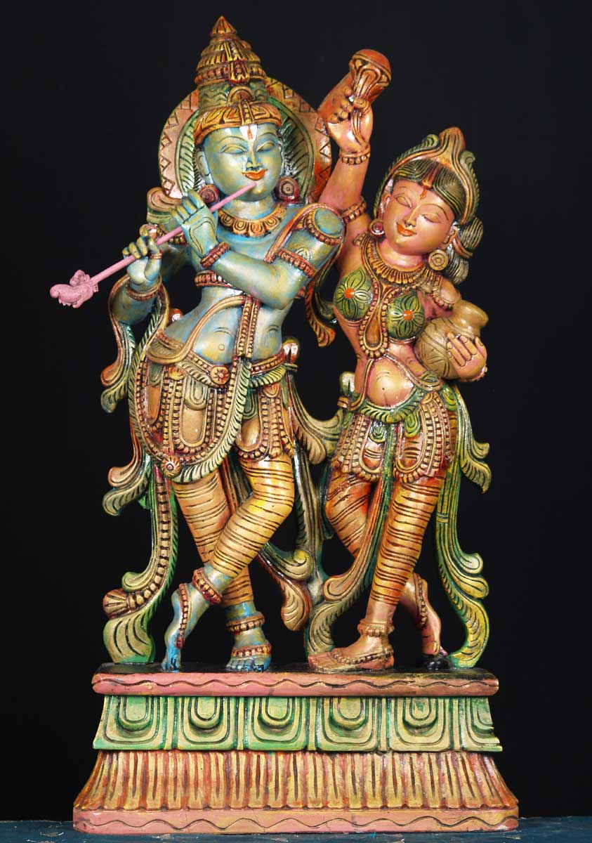 Wood Radha Krishna Statue 38"